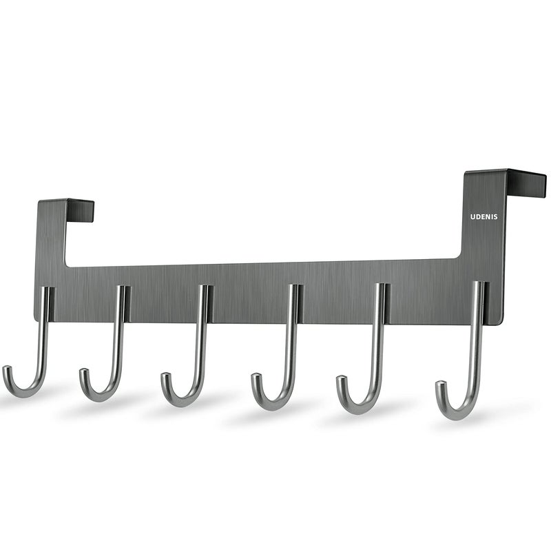 UDENIS Over Door Hanger, Metal Over The Door Hook Rack with 6 Hook for Hanging Towel Robe Coat Bathroom Bedroom, Towel Rails, Grey - Image 1